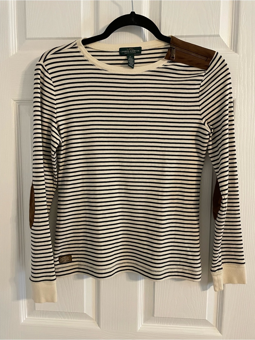 Ralph Lauren Black and Cream Striped Long-Sleeve Top with Brown Elbow Patches